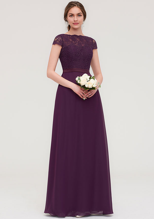 A-line Chiffon Bridesmaid Dress Bateau Short Sleeve Floor-Length With Sashes Lace