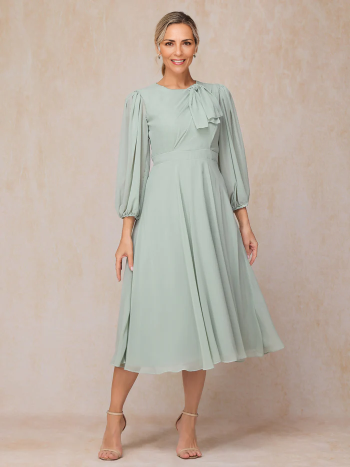 Long Sleeves A Line Tea Length Wedding Guest Dresses Chiffon Mother of the Bride Dresse