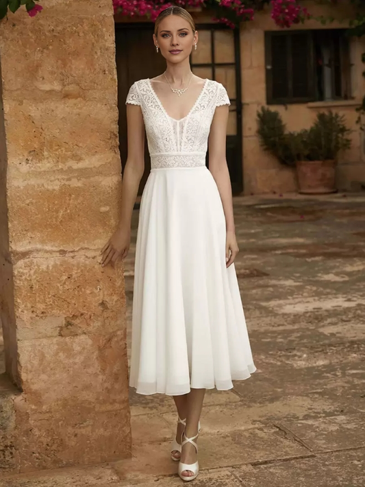 Wedding Dresses V-Neck Short Sleeves Lace A-Line Tea-Length Bridal Gowns