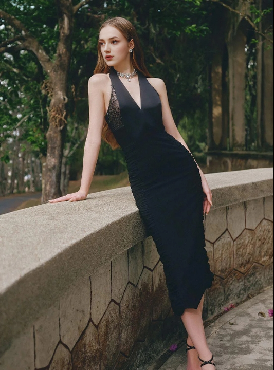 Black Bodycon Halter Neck Velvet Midi Dress Prom Dresses Cocktail Dresses