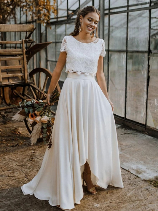 A-Line Two-piece Wedding Dress Stretch Crepe Lace Jewel Neck A-Line Sweep Short Sleeves Bridal Dress