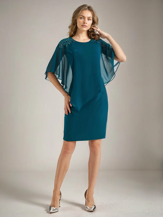 Chiffon Half Sleeves Cape Knee-Length Mother of the Bride Dress