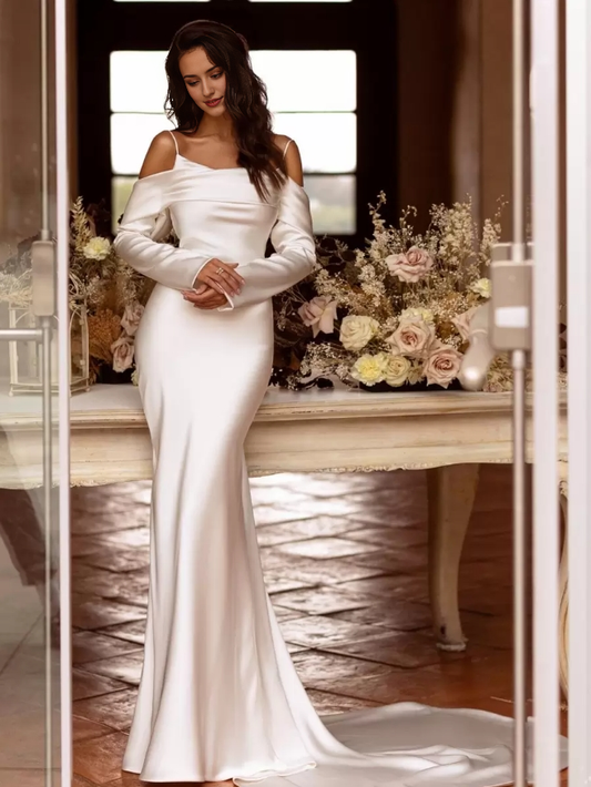 Wedding Dress Satin Long Sleeves Pleated Bridal Gowns Sweep/Brush Train Dresses