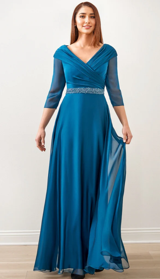 V-Neck Satin Floor-length Mother of the Bride Dresse With Beading Belt