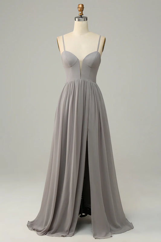 A Line Spaghetti Straps Long Bridesmaid Dress With Slit