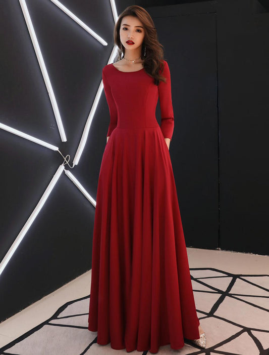 Simple Evening Dresses Long Sleeve Prom Dress A Line Formal Gowns With Pockets