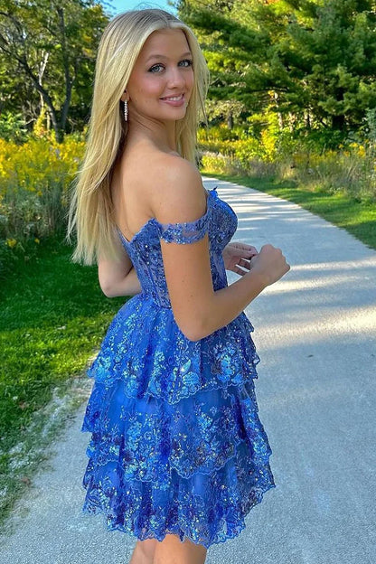 Off the Shoulder Blue Sequin Lace Short Homecoming Dresses