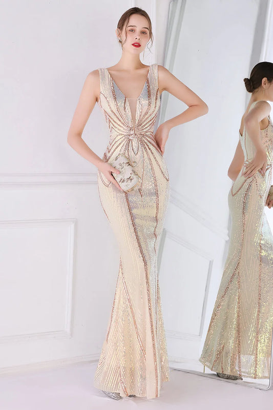 Sequins/Sparkling Apricot Golden Deep V Neck Prom Dress Mermaid Evening Dresses