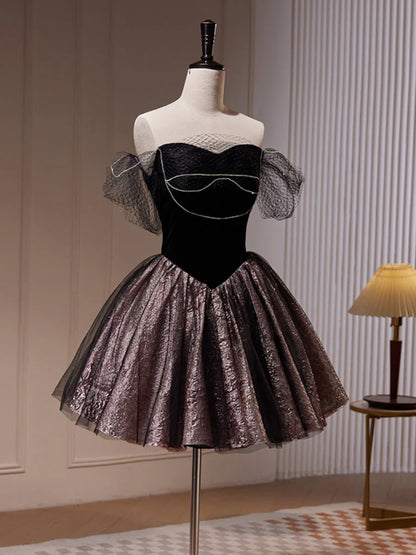 Cute A-Line Black Off Shoulder Tulle Short Prom Dress Homecoming Dress