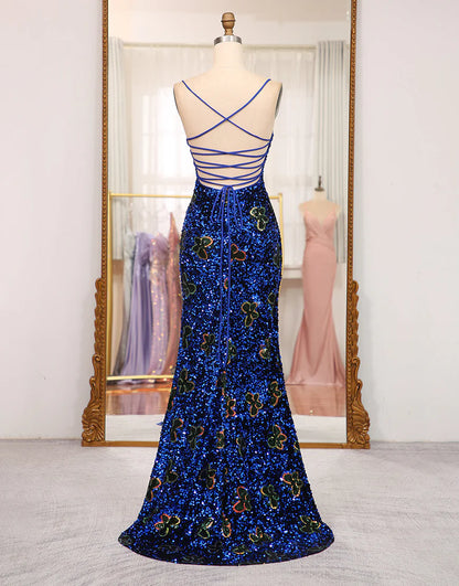 Sequins/Sparkling Royal Blue Lace Up Spaghetti Strap Prom Dress With Slit