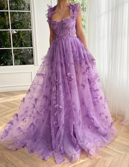 Long Tulle Prom Dress with 3D Butterflies Sexy Slit Ball Gown Evening Dresses Party Wedding Formal