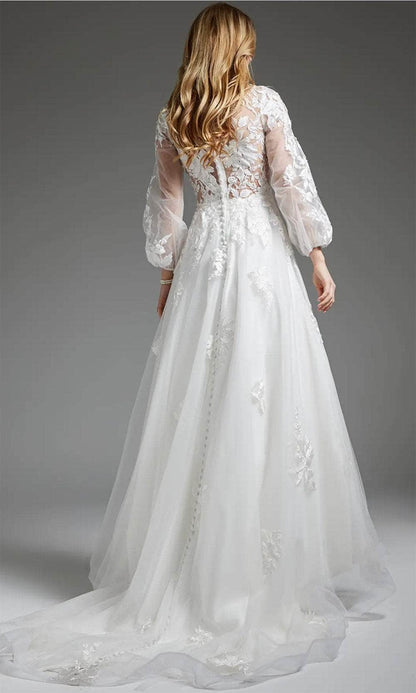 Applique Bishop Sleeve Bridal Gown V-Neck Wedding Dress