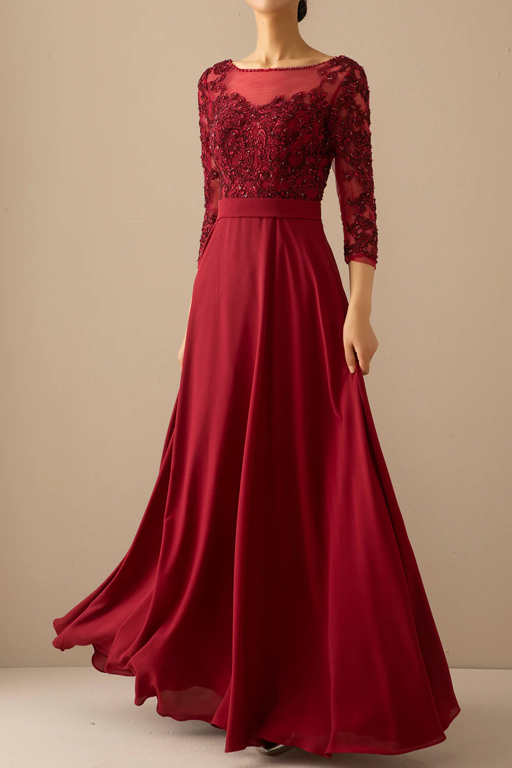 Burgundy Long Dress Mother of the Bride Dress With Illusion Sleeves