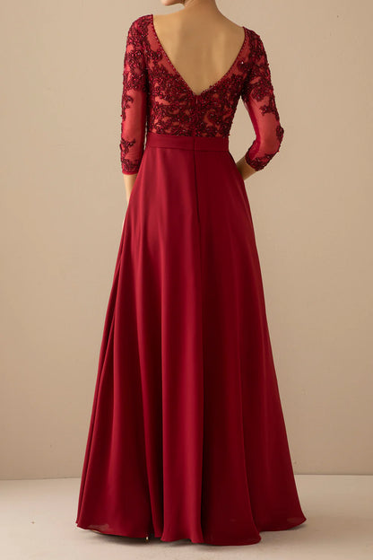 Burgundy Long Dress Mother of the Bride Dress With Illusion Sleeves