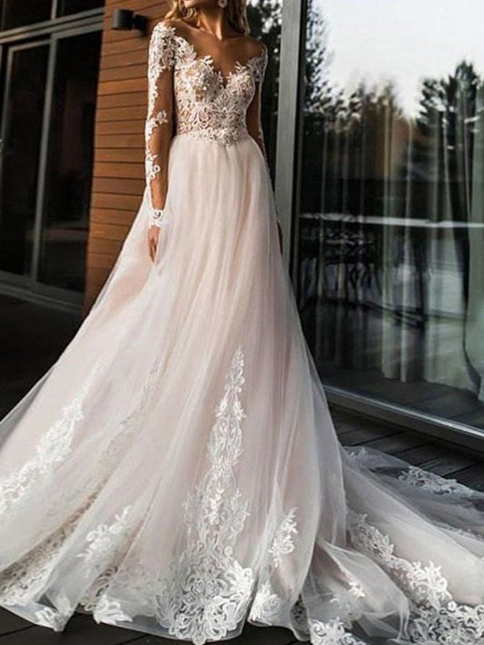 A Line V Neck Wedding Dresses Long Sleeve Lace Applique Tulle Bridal Gowns With Chapel Train