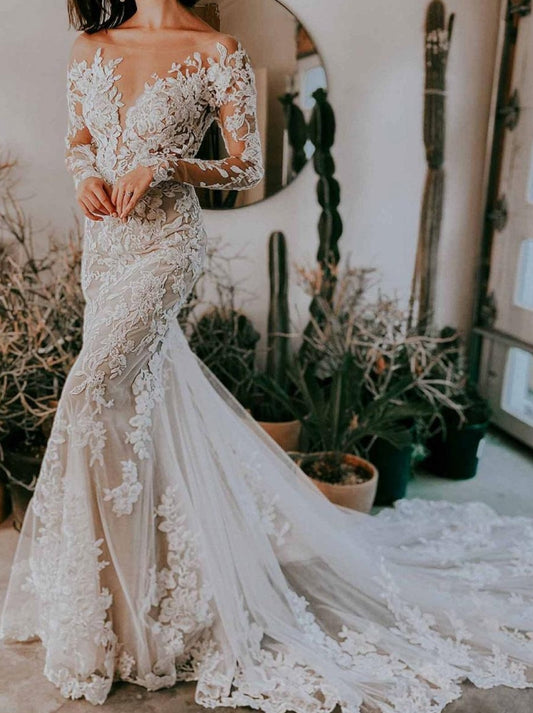 Mermaid Wedding Dress Illusion Neckline Long Sleeves Backless Lace With Train