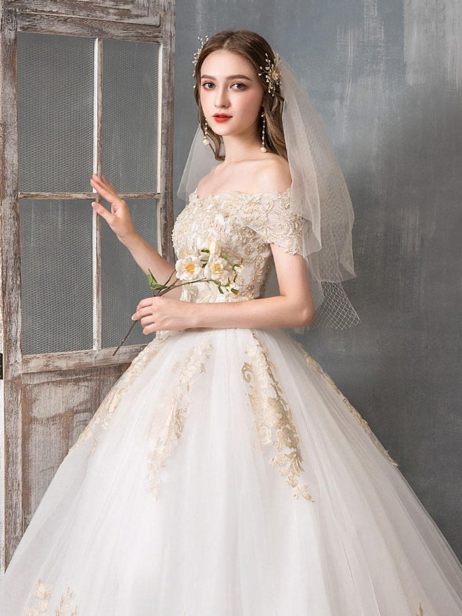 A-Line Princess Wedding Dresses Ball Gown Off Shoulder Golden Lace Appliqued Floor Length Bridal Dress