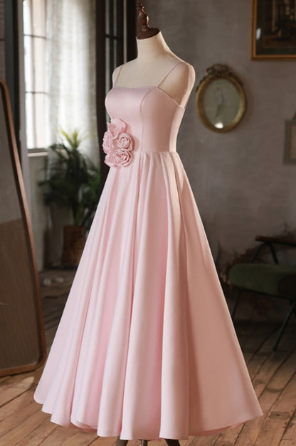 Cute A-Line Simple Pink Satin Bridesmaid Dress with Spaghetti Straps