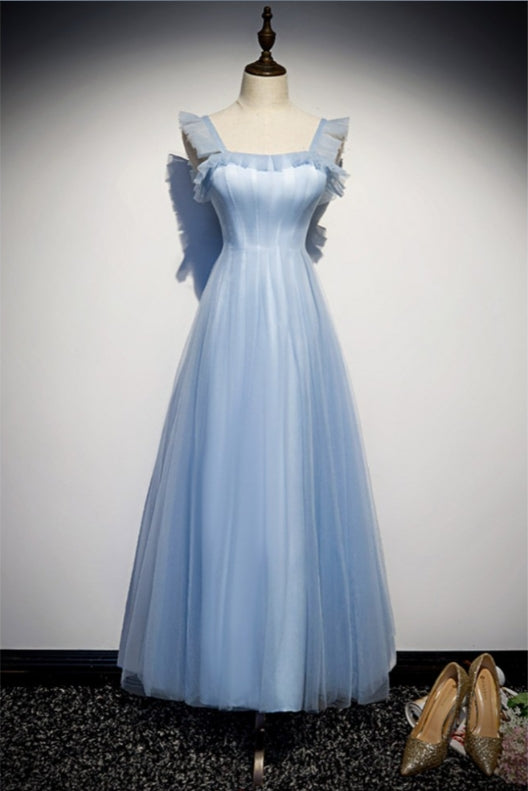 Blue Cute A-Line Tulle Tea Length Bridesmaid Dress Wedding Guest Party Dress