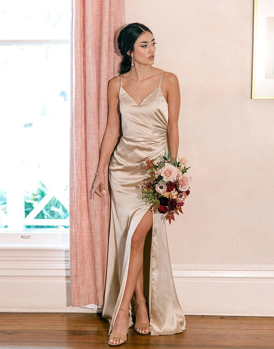 Champagne Silk Sheath Bridesmaid Dress With Slit