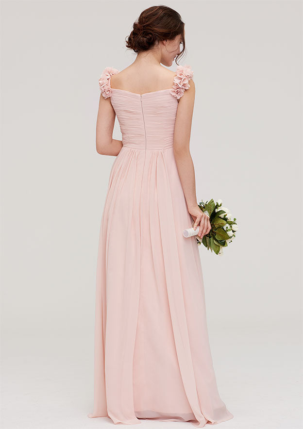 Sweetheart Sleeveless Long/Floor-Length Chiffon Bridesmaid Dress With Pleated Shoulder Flower