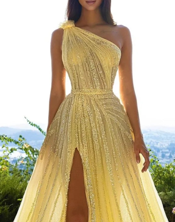 Sequins A-Line One Shoulder Prom Dress Evening Dress With Front Split