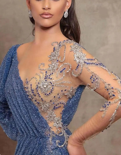 Elegant Sequins Beads Mermaid Evening Dress With V-Neck Long Sleeves