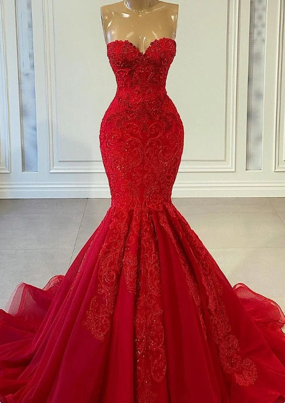 Sweetheart Red Sleeveless Mermaid Evening Dress Prom Dress With Beadings