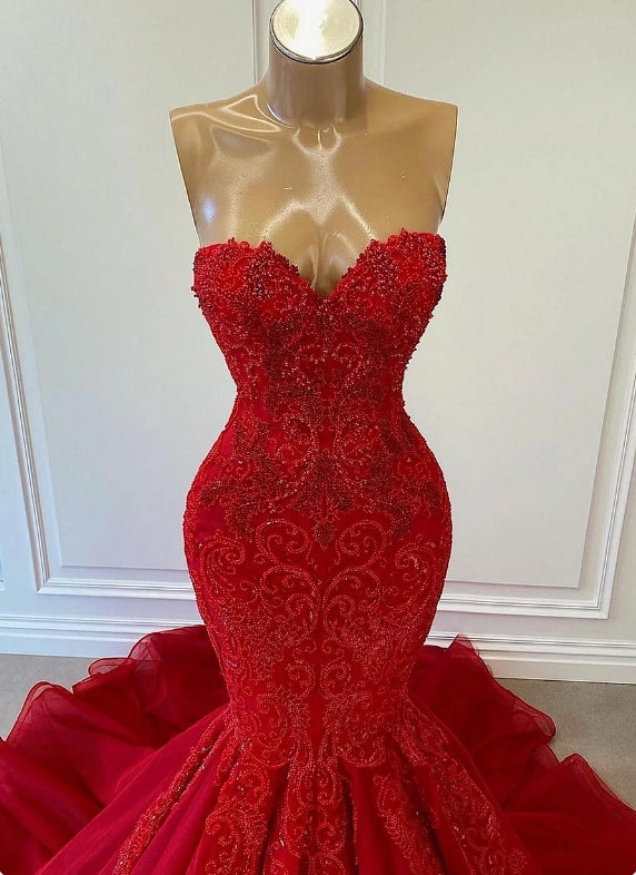 Sweetheart Red Sleeveless Mermaid Evening Dress Prom Dress With Beadings