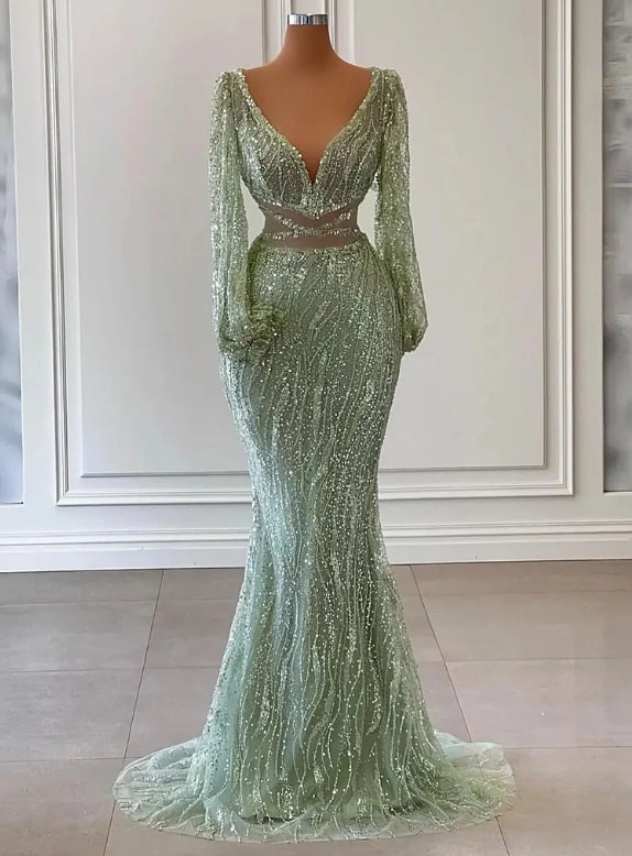 Sequins/Sparkling Long Sleeves Beadings Mermaid Evening Dress With V-Neck