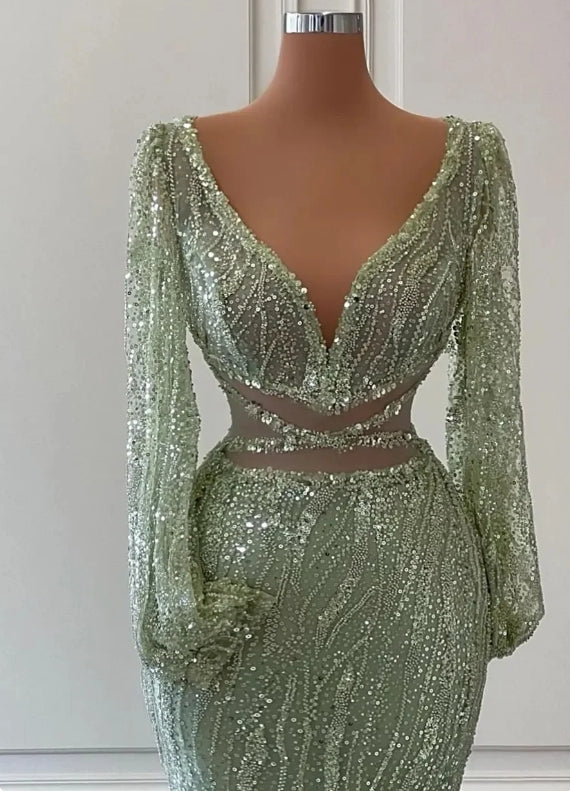 Sequins/Sparkling Long Sleeves Beadings Mermaid Evening Dress With V-Neck