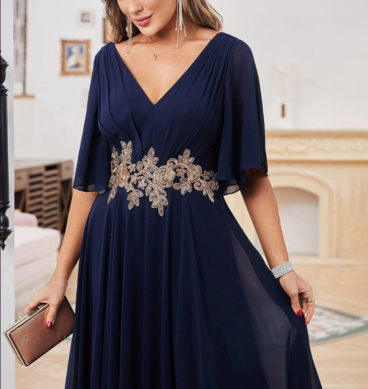 A-line Chiffon V-neck Short Sleeve Mother of Bride Dress