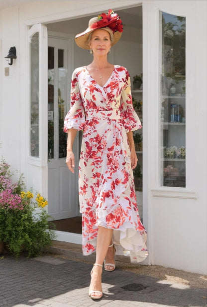 A-Line Mother of the Bride Dress Elegant V Neck Chiffon 3/4 Length Sleeve Draping