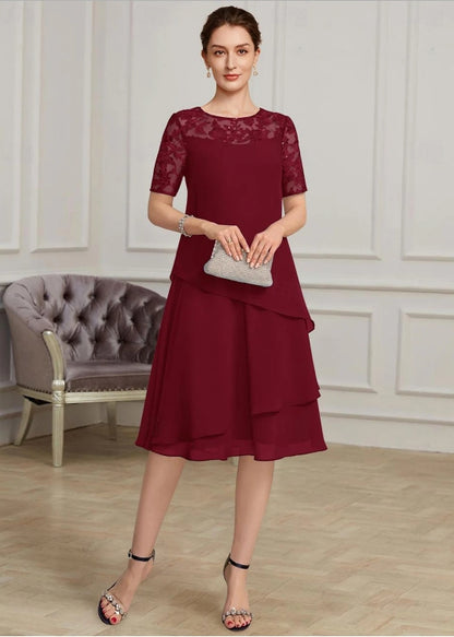 A-Line Mother of the Bride Dress Elegant Jewel Neck Tea Length Chiffon Short Sleeve with Lace