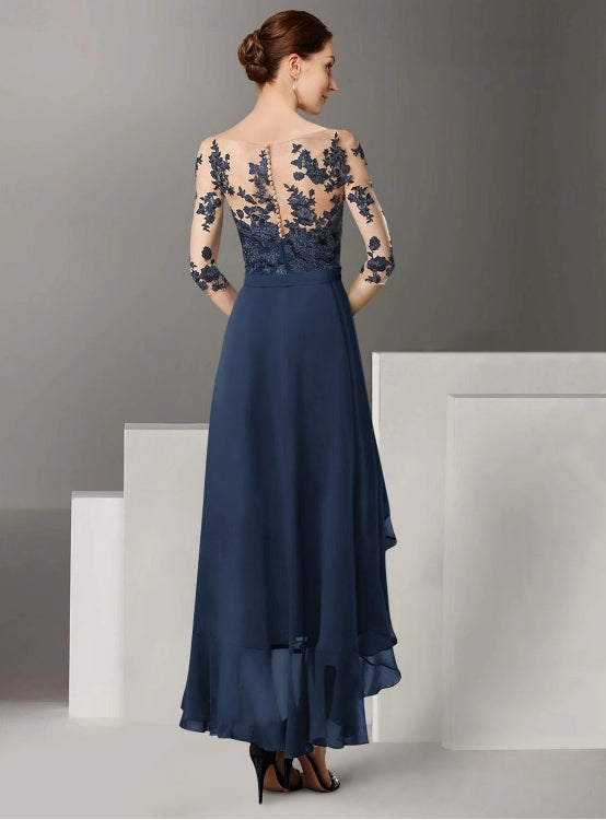 A-Line Mother of the Bride Dress Wedding Guest Elegant High Low Ankle Length Chiffon Lace Half Sleeve with Pleats Applique