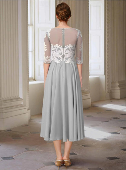 A-Line Mother of the Bride Dress Wedding Guest Elegant Jewel Neck Asymmetrical 3/4 Length Sleeve with Appliques