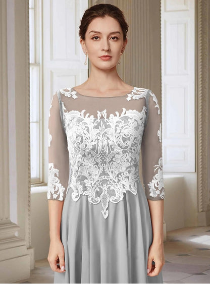 A-Line Mother of the Bride Dress Wedding Guest Elegant Jewel Neck Asymmetrical 3/4 Length Sleeve with Appliques