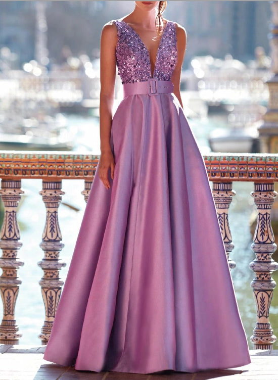 A-Line Evening Gown Formal Floor Length Sleeveless V Neck Pocket Satin with Pearls