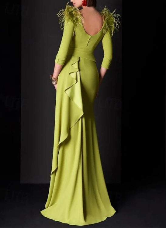 Mermaid / Trumpet Evening Gown Formal Fall Floor Length 3/4 Length Sleeve V Neck Satin with Feather Ruched Ruffles