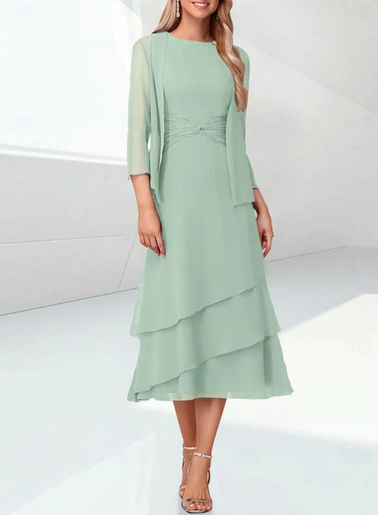 Sage Mother of the Bride Dress Wedding Guest Tea Lengthn Tiered Chiffon 3/4 Length Sleeve with Ruching