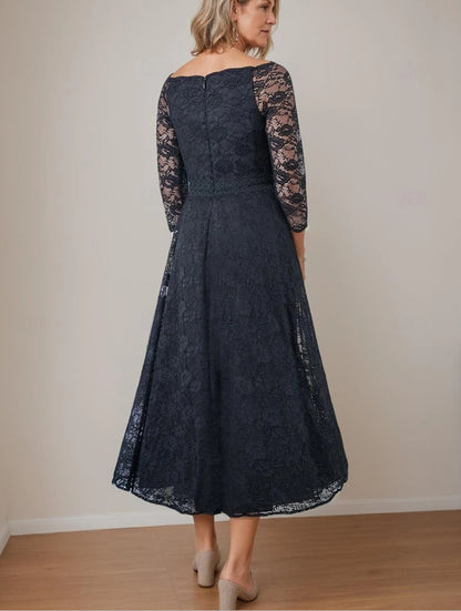 A-Line V Neck Tea Length Lace 3/4 Length Sleeve with Lace Mother of the Bride Dress