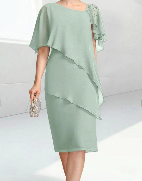 Sage Elegant Jewel Neck Knee Length Chiffon Half Sleeve with BeadingMother of the Bride Dress