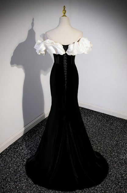 Mermaid Black Formal Evening Dress with White Ruffle Off Shoulder