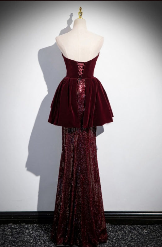 Sweetheart Burgundy Floor-length Mermaid Sequin Prom Dress Evening Dress with Velvet Top