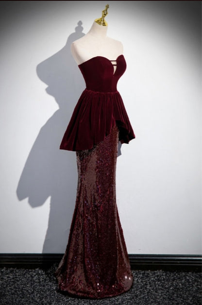 Sweetheart Burgundy Floor-length Mermaid Sequin Prom Dress Evening Dress with Velvet Top