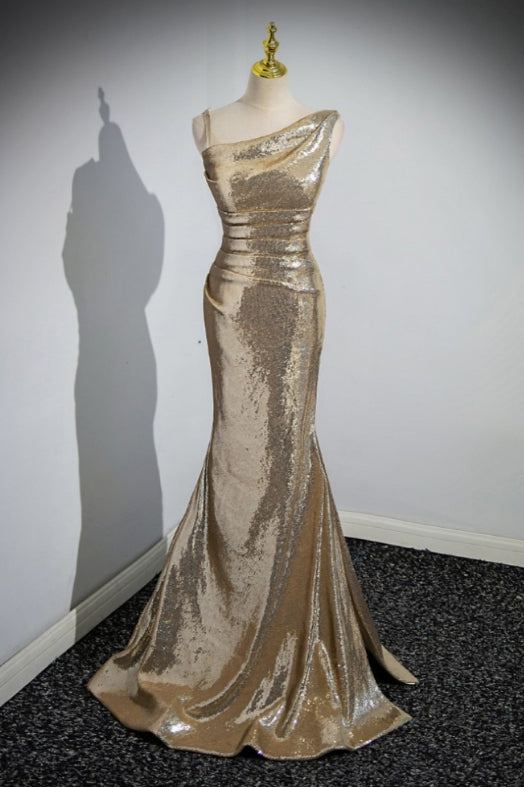 Sparkly Gold Sequin Long Floor-length Mermaid Evening Dress Prom Dress with Pleats