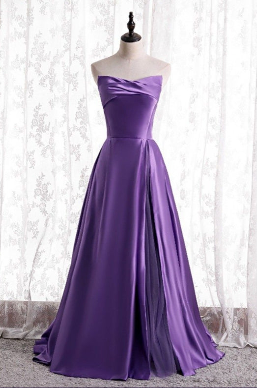 A-Line Simple Purple Satin Strapless Evening Dress with Laceup