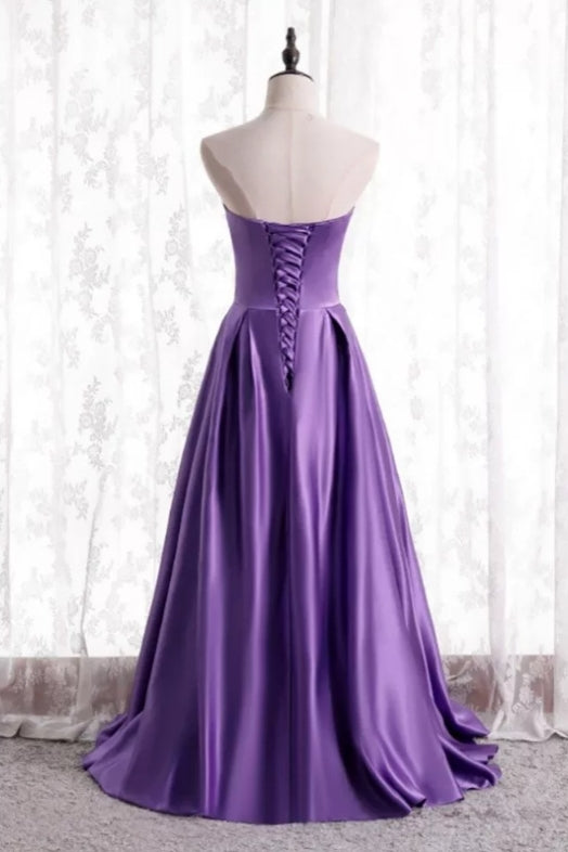 A-Line Simple Purple Satin Strapless Evening Dress with Laceup