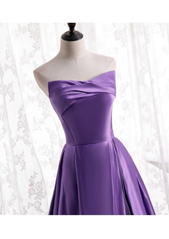 A-Line Simple Purple Satin Strapless Evening Dress with Laceup