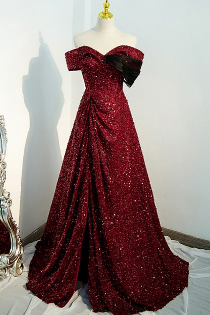 Sequins/Sparkling A-Line Off Shoulder Burgundy Evening Dress With Split Front